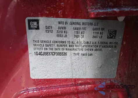 2012 Buick Lacrosse Touring Group из США, поврежденный, VIN 1G4GJ5E37CF305536